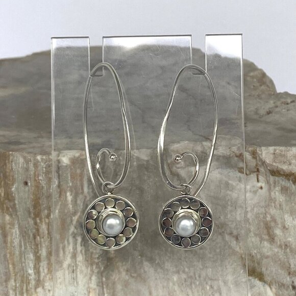 Sterling Silver 925 Signed Boma Round White Pearl Threader Dangle Earrings - Picture 11 of 16